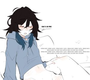 2girls beamed_eighth_notes black_hair blush bottomless bottomless_female catherine_(pockiseisont) chappell_roan closed_eyes commentary eighth_note english_text female female/female female_only grey_hoodie hand_on_another's_leg highres hood hoodie lesbian_sex long_hair multicolored_hair multiple_females multiple_girls musical_note navel original original_character pockiseisont pussy pussy_to_pussy scissoring simple_background speech_bubble spread_legs sweat tears tribadism two-tone_hair white_background yuri