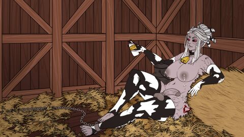 1futa ankle_cuffs background balls balls_on_thighs ballsack barcode barcode_tattoo barn big_breasts black_sclera bottle bottle_of_milk branding branding_mark breasts canister chained chains cow_bell cow_print cow_print_armwear cow_print_legwear cow_print_thighhighs cowbell cowgirl cowgirl_outfit cum cum_drip dark_lips elbow_gloves farm feet flaccid flaccid_penis forehead_mark futa_only futanari futasub genitals hair_bun hay hay_bale hay_floor haystack hucow human_cattle intersex lactating leaning_back looking_at_viewer milk milk_canister nipples on_floor pale_skin penis pinup pinup_pose precum reclining red_eyes rwby salem_(rwby) sitting slave smile stockings tendrils voluptuous white_hair wood wooden_floor wooden_wall