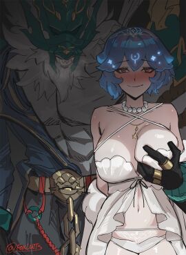 4_fingers animal_humanoid anthro areola bao_(vtuber) big_breasts black_body black_bottomwear black_clothing black_fur black_pants blue_hair borisin bottomwear breast_grab breasts cetacean cetacean_humanoid cleavage clothed clothing duo female fingers foxlutts front_view fur gem green_mask grey_body grey_fur grin groping_from_behind hair half-closed_eyes hi_res hoolay_(honkai:_star_rail) humanoid humanoid_on_anthro indie_virtual_youtuber jewelry large_breasts larger_anthro larger_male looking_at_viewer looking_pleasured male male/female mammal marine marine_humanoid muscular muscular_anthro muscular_male narrowed_eyes necklace open_dress panties pants pearl_(gem) pearl_necklace pink_areola pubic_tattoo red_eyes ring sharp_teeth size_difference skimpy smaller_female smaller_humanoid smile teeth underwear virtual_youtuber white_body white_clothing white_panties white_skin white_underwear