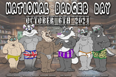 2024 anthro asian_clothing basil_(brucebadger) black_body black_fur blue_eyes boxers_(clothing) boxers_only briefs briefs_only brown_body brown_eyes brown_fur brown_nose bruce_(brucebadger) brucebadger bulge camo_boxers claws clothed clothing cole_ratel colored_seam_briefs crossed_arms detailed_bulge east_asian_clothing english_text facial_hair fireplace fundoshi fundoshi_only fur genital_outline goatee green_eyes grey_body grey_clothing grey_fundoshi grey_fur grey_underwear group hair inside jake_brock japanese_clothing library male musclegut muscular national_badger_day open_mouth orange_seam_briefs overweight overweight_male penis penis_outline sharp_teeth shogi_anakuma smile tan_body tan_fur teeth text tighty_whities topless underwear underwear_only union_jack union_jack_boxers wang_(brucebadger) white_body white_briefs white_clothing white_fur white_hair white_text white_underwear window yellow_briefs yellow_clothing yellow_underwear