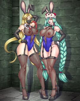 2d 2girls alternate_costume bead_necklace blonde_hair breasts bunny_ears bunnysuit digimon digital_media expectant facemask fake_animal_ears female fishnets forehead_jewel garter_belt garter_straps green_hair hand_on_hip heels high_heels hourglass_figure large_breasts large_hips lavionartz lipstick long_hair looking_at_viewer mervamon multiple_females multiple_girls navel_piercing necklace necktie necktie_between_breasts nipples posing sanzomon see-through shapely stockings thighhighs twin_braids yellow_eyes