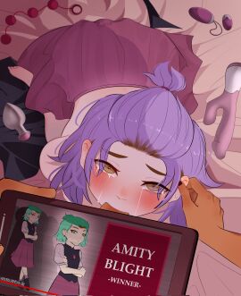 1futa 1girls :>= amity_blight blowjob breasts clothed clothing crying dark-skinned_futa dark_skin duo erection fellatio female futa_on_female futanari high-angle_view human humanoid intersex light-skinned_female light_skin looking_at_viewer luz_noceda oral partially_clothed sex sex_toy short_hair the_owl_house topless xe2las_707