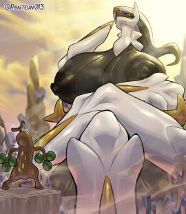 1girls arceus black_body breasts female giant_female giantess god goddess green_eyes large_breasts macro meme_reference panteon013 pokemon pokemon_(species) pokémon_(species) sitting size_difference sudowoodo white_body