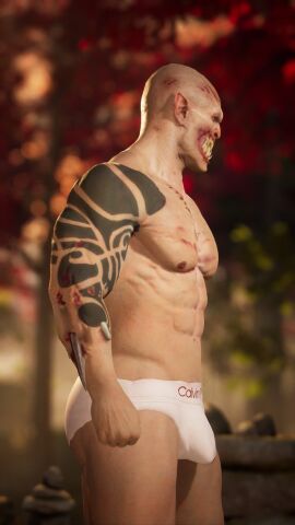 1boy 3d 3d_(artwork) 3d_model baraka bulge_through_clothing haviksluz light-skinned_male light_skin male male_focus male_only masculine mortal_kombat mortal_kombat_1_(2023) netherrealm_studios solo solo_focus solo_male tarkatan tattoo_on_arm tattooed_arm tighty_whities underwear_only