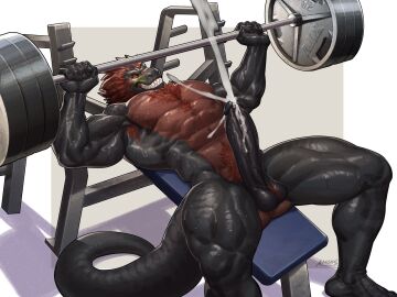1boy abs amon-sydonai anthro armpit_hair balls bodily_fluids body_hair chest_hair cum dinosaur ejaculation exercise genital_fluids genitals happy_trail hi_res male male_only muscular muscular_anthro muscular_male pecs penis precum pubes reptile scalie sharp_teeth solo sweat tagg tail teeth theropod tyrannosaurid tyrannosauroid tyrannosaurus tyrannosaurus_rex vein veiny_penis weightlifting wet workout
