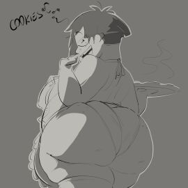 apron ass bbw breasts disney disney_channel dnamy fat female glasses holding_tray huge_ass kim_possible large_breasts looking_at_viewer looking_back mature_female monochrome naked_apron pokachu_(artist) short_hair smile thick_thighs tray wide_hips