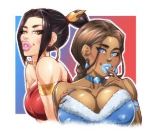 2girls amber_eyes avatar_legends avatar_the_last_airbender azula big_breasts big_lips bimbo bimbo_lips blue_eyes blue_lipstick breasts bust_portrait busty choker cleavage clothed_female clothing earrings female female_only finger_on_lip fire_nation hair_ornament hoop_earrings hoop_earrings_oversized katara lipstick long_fingernails lowres makeup multiple_females multiple_girls nickelodeon nipple_bulge omiiverse pink_lipstick plump_lips thick_lips water_tribe