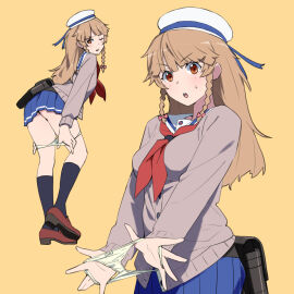 1girls 2d black_socks blush bow bow_panties braid breasts brown_hair clothed female female_only hat high_school_fleet highres holding holding_panties holding_underwear holding_unworn_clothes kneehighs long_hair medium_breasts no_panties nosa_kouko one_eye_closed onsen_tamago_(hs_egg) orange_eyes panties panty_pull pointy_chin presenting_panties presenting_removed_panties removed_panties sailor_hat school_uniform serafuku simple_background skirt socks solo underwear undressing yellow_panties yokosuka_girls_marine_high_school_uniform