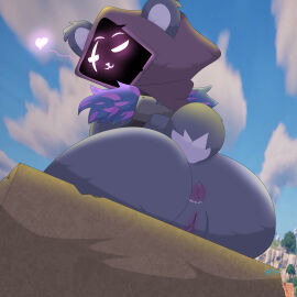 absurd_res anthro anus ass bear big_ass big_butt blush epic_games eye_scar facial_scar female female/female fortnite genitals hi_res hood lalo_oliv mammal nude purple_body pussy raven_team_leader scar shadow_face solo tail