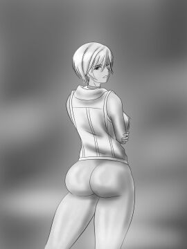 1girls arms_crossed ass bottomless bubble_ass bubble_butt female heather_mason looking_at_viewer looking_back monochrome noirsun00 short_hair silent_hill silent_hill_3 thick thick_ass vest