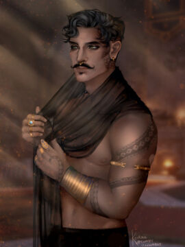 1boy arm_tattoo artist_signature artist_website bara beauty_mark biceps black_hair body_tattoo bracelet curly_hair dark-skinned_male dark_hair dark_skin dorian_pavus dragon_age dragon_age_inquisition ear_piercing earrings face_tattoo facial_hair gay_male green_eyes human human_only jewelry mage male male_only mole moustache muscles muscular muscular_male nipples nose_piercing pants pecs piercing ring rings scarf shirtless shirtless_male snake_ornament snake_tattoo solo solo_male standing standing_position sunlight tagme_(artist) unknown_artist video_games yaoi