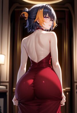 1girls ai_generated ass ass_focus back backless_dress backless_outfit black_hair blush huge_ass nijisanji nijisanji_en orange_hair petra_gurin pink_eyes red_dress smile virtual_youtuber