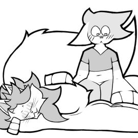 anthro ass backsack balls ballsack big_tail blush digital_media_(artwork) domestic_cat duo felid feline feline_threat felis femboy flour_feline_threat flustered fur genitals girly hair hi_res long_hair looking_down lying male male/male mammal nude on_front simple_background smile smug tail thick_thighs