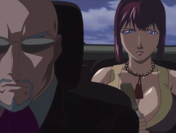 00s 1boy 1girls 2007 animated bald bare_shoulders bead_necklace beads bible_black bible_black_new_testament breasts car cleavage facial_hair female formal_clothes goatee jewelry large_breasts lipstick long_sleeves makeup mature_female monk motor_vehicle necklace nun purple_eyes red_hair religious revealing_clothes shin_bible_black short_hair suit sunglasses tagme takashiro_hiroko tight_clothes wide_hips yuge_toru