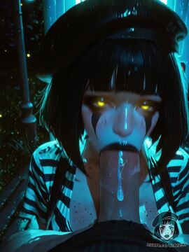 1boy 1girls ai_generated ai_video alberist beret black_hat black_lipstick blunt_bangs blush bob_cut body_freckles bouncing_breasts cleavage close-up cum_in_mouth face_paint fellatio freckles glowing_eyes huge_breasts huge_cock large_breasts large_penis mime original_character outdoors pov shiny_skin solo_focus straight striped_shirt suspenders tagme vending_machine video yellow_eyes