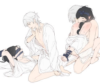 1boy bathrobe black_hair blindfold bondage bound bound_arms commentary_request dal-gi female female_saniwa_(touken_ranbu) finger_to_mouth gagged grey_hair highres korean_commentary long_hair looking_at_another male multiple_views pussy simple_background straddling straight touken_ranbu tsurumaru_kuninaga upright_straddle vaginal_penetration white_background yellow_eyes