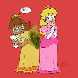 admiring best_friends blonde_hair blush brown_hair embarrassed fart fart_cloud fart_fetish farting female mario_(series) nintendo princess princess_daisy princess_peach tan_body turned_on vidaliasmells yuri