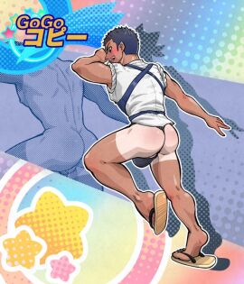 1boy 2023 ass back_view big_ass black_fundoshi blue_hair blush flip_flops fundoshi gay haragake_(clothing) male male_only original rolled_up_sleeves shafu solo tagme takamaru_(pixiv9493120) tan_skin tanline yaoi