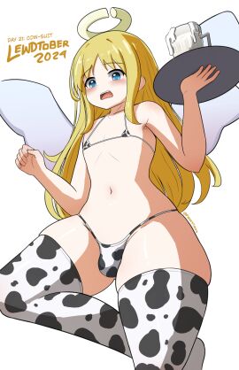 1boy angel angel_wings ass aureola balls big_balls bikini blonde_hair blue_eyes blush bulge clothed cow_bikini cow_print cowkini crimvael embarrassed femboy fraxstars halo ishuzoku_reviewers jar jar_of_cum light_skin long_hair male male_only milk milk_jar open_mouth otoko_no_ko pale_skin simple_background standing_on_one_leg thick_ass thick_legs thick_thighs thigh_gap thigh_highs thighs tight_clothing wide_hips
