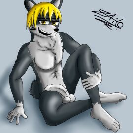 1boy balls black_body feet furry furry_male furry_only male oc on_floor open_mouth penis sitting white_feet white_hands white_penis wolf_boy wolf_ears wolf_tail yellow_eyes yellow_hair zaiko_(zaikodraws) zaikodraws