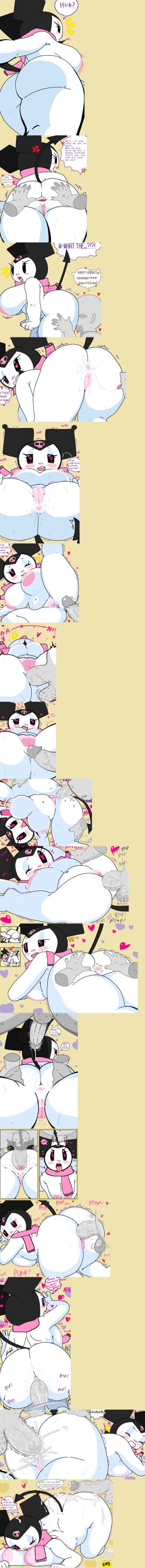 anal anal_sex anus bent_over big_breasts breasts cassettedream cum cum_in_mouth cum_inside dream-cassette heart-shaped_pupils hoshime kuromi penis pink_scarf pussy sanrio scarf