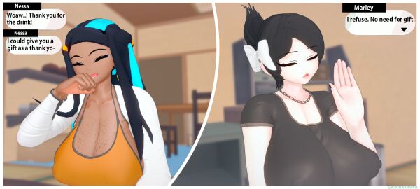 2girls 3d alternate_breast_size black_hair breasts dark-skinned_female dark_skin english_text female female_only fully_clothed huge_breasts human koikashura koikatsu marley_(pokemon) multiple_females multiple_girls nessa_(pokemon) pokemon pokemon_dppt pokemon_ss text