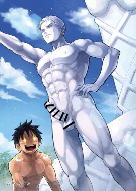 2boys abs armpits arms_up balls bara biceps big_breasts black_hair blush breasts censor_bar censored censored_balls censored_penis drooling ebitendon erection happy male male_only monkey_d_luffy muscles muscular muscular_arms muscular_legs muscular_male muscular_thighs one_piece open_mouth pecs penis petrification roronoa_zoro scar scar_on_chest scar_on_face short_hair six_pack solo_focus sparkling_eyes standing statue steamy_breath torakitchen torakitchen_(ebitendon) veiny_penis wax yaoi