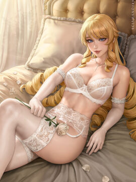 1girls absurd_res absurdres arm_length_gloves athletic athletic_female bangs bare_shoulders bed bedroom bedroom_setting blonde_hair blue_earrings blue_eyes bra cleavage crossed_legs curled_hair cute_face earrings female female_focus female_only fit fit_female flower garter_belt garter_straps genshin_impact gloves highres holding_flower holding_rose indoors lace lace-trimmed_bra lace-trimmed_garter_belt lace-trimmed_panties lace_trim legs legs_crossed light-skinned_female light_skin lingerie long_hair looking_at_viewer navia_(genshin_impact) necklace on_bed panties pillow rose rose_(flower) sciamano240 shiny_hair slim_female slim_waist smile smile_at_viewer smiling solo solo_female solo_focus stockings stomach thick_thighs thighs underwear very_long_hair white_bra white_clothes white_clothing white_gloves white_lingerie white_panties white_rose white_stockings white_underwear