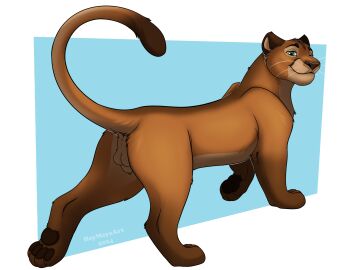 4_toes animal_genitalia anus balls blue_background border brown_nose brown_pawpads cougar dipstick_tail feet felid feline feral fur genitals green_eyes heymayaart hi_res leg_markings male mammal markings mr._clever multicolored_body multicolored_fur pawpads penis penis_tip pink_anus pink_penis sheath simple_background socks_(marking) solo tail tail_markings tan_balls tan_body tan_fur tan_sheath toes walking whiskers white_border