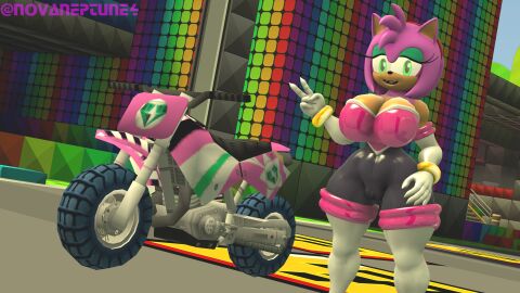 3d amy_rose amy_the_bat big_breasts biker_girl bodysuit breasts busty cameltoe curvy female hedgehog hedgehog_girl neckline novaneptune4 pussy rouge_the_bat_(cosplay) sonic_(series) spandex_suit tahlian