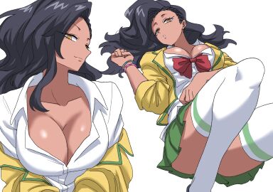 1girls black_hair bow breasts button_down_shirt capcom cleavage female ilo_a5 latina laura_matsuda long_hair looking_at_viewer lying lying_on_back skirt stockings street_fighter tagme tan_body teasing thick_thighs uniform voluptuous wide_hips yellow_eyes