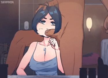 2d_animation animated bathroom big_breasts blank_stare clothed_female cum cum_in_mouth dark-skinned_male derpixon face_fucking nipples_visible_through_clothing nude_male penis short_hair time_stop toothbrush toothpaste uncensored