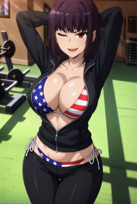 1girls ai_generated american_flag_bikini bikini female female_focus gym gym_equipment hands_behind_head hi_res indoors long_hair one_eye_closed open_mouth please_don't_bully_me nagatoro president_(nagatoro) purple_hair red_eyes sana_sunomiya showing_off solo_female straight_hair tagme upscaled