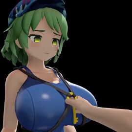 1boy 1girls 3d animated big_breasts black_background bouncing_breasts breasts cap chest_harness closed_mouth closing_eyes expressionless female flat_cap green_eyes green_hair gritting_teeth hat kappa key light_blush looking_down male musi_cassie no_pupils one-piece_swimsuit pulling pulling_chest_harness pulling_clothing pulling_key reaching_for_object reaching_out reaching_towards_another reaction short_hair simple_background sound sound_edit sound_effects source susu_rid swimsuit tagme takane_yamashiro touhou unseen_male video yamashiro_takane