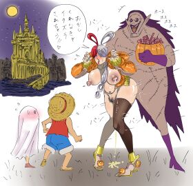 1boy 1girls ambiguous_penetration big_breasts breastmilk breasts costume female female_focus ghost_costume hairy_pussy halloween halloween_2024 halloween_costume hogback japanese_text lactating lactation lactation_without_expressing male milk monkey_d_luffy_(cosplay) mostly_nude nipples one_piece peeing peeing_on_floor pubic_hair puffy_nipples pussy red-haired_female red_hair speech_bubble trick_or_treat two-tone_hair urinating_female urine uta_(one_piece) white-haired_female white_hair wide_hips のの_(pixiv_id_69399162)