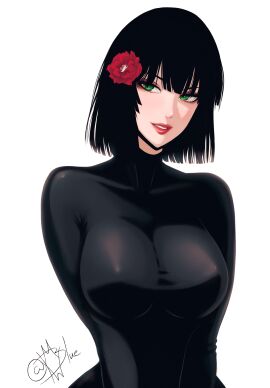 1girls big_breasts black_hair breasts clothed clothing color female female_focus female_only fubuki_(one-punch_man) green_eyes hi_res large_breasts light-skinned_female light_skin lipstick looking_at_viewer mostlybluewyatt one-punch_man red_lipstick short_hair solo solo_female tagme thick_thighs