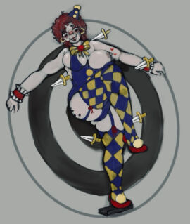 big_breasts bluesky_username breasts clown clown_costume clown_girl clussy female honkah honkah_(timinxiz) honkah_the_clown knife knife_play pinup tits_out zombifiedpanda.bsky.social
