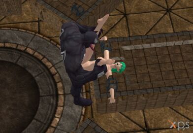 1boy 1girls bondage capcom darkstalkers demon dungeon eddie_brock female green_hair legs legs_up male marvel marvel_comics marvel_vs._capcom morrigan_aensland size_difference spider-man_(series) succubus tied_up venom_(marvel) xps