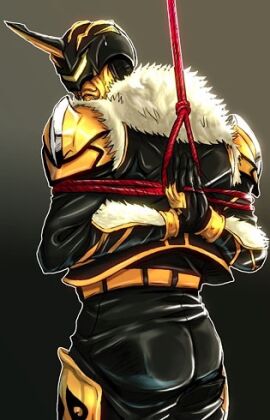 1_horn 1boy armor armored_male arms_behind_back arms_tied ass ass_visible_through_clothes bear black_armor bondage fur fur_clothing hands_behind_back hands_tied hands_together imagin kamen_rider kamen_rider_den-o_(series) kintaros looking_back looking_back_at_viewer male male_focus male_only red_rope rope rope_bondage solo sweat sweatdrop tied_arms tied_hands vest yellow_armor