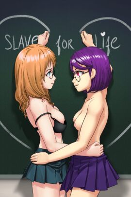 2girls black_bra blackboard breasts chalkboard exhibitionism exhibitionist female hypnosis schoolgirl spiral_clicker