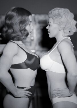 2girls 3d black_and_white black_bra black_panties bra combat_universe female female_only hands_on_hips monochrome panties underwear white_bra white_panties