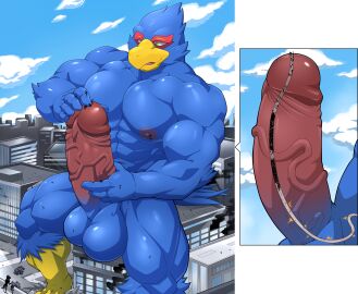 absurd_res anthro avian balls beak bird blue_body bodily_fluids building city cock_vore erection falco_lombardi genital_fluids genitals hi_res internal macro maldu male male_only masturbation muscular muscular_male nintendo penile penis precum sitting solo star_fox urethra urethral vore