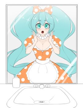 after_transformation blue_eyes blue_hair blush domestication dress female hair_ribbon hatsune_miku lipstick looking_in_mirror mirror nail_polish pearl_necklace post-transformation sealguy sink soap stepfordization surprised surprised_expression sweatdrop transformation twintails vocaloid