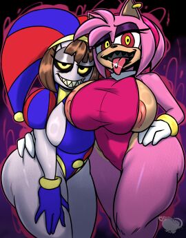 2girls amy_rose anthro areolae arm_around_waist ass baron baron_theodore_mildanhall big_ass big_breasts boo_(sonic) breasts bubble_ass bubble_butt busty clothing crossover eastern_and_western_character female female_only ghost glitch_productions gloves hedgehog huge_breasts jester jester_hat jyto large_ass large_breasts looking_at_viewer mildanhall no_bra open_mouth piercing pink_skin png pomni_(the_amazing_digital_circus) possessed possessed_amy_rose possessed_pomni possession sega sharp_teeth sideboob smile sonic_(series) the_amazing_digital_circus theodore thick_thighs tongue tongue_out tongue_piercing white_skin wide_hips