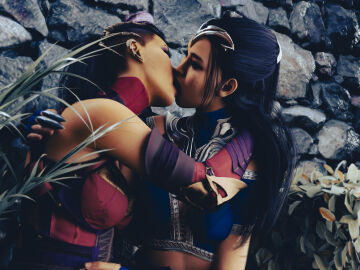2girls 3d arms_behind_head black_hair closed_eyes dark_hair edenian female french_kiss grass hand_on_shoulder hug incest kissing kitana kunoichi light-skinned_female light_skin mature_female midriff mileena mortal_kombat mortal_kombat_1_(2023) netherrealm_studios ninja open_mouth outside princess rayalterego23 sisters slim_waist tarkatan tilted_head tongue tongue_kiss twincest twins wrapped_around_another yuri