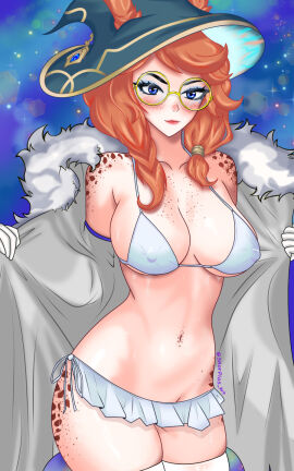 ass aurora_(league_of_legends) big_ass bikini bikini_top blue_eyes breasts coat comission erect_nipples fanart female female_focus female_only freckles freckles_on_ass freckles_on_breasts freckles_on_face goggles large_breasts large_hips league_of_legends looking_pleasured naked navel nipples nude open_coat pervert_female smiling solo sweat twitter_username young