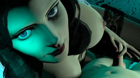 3d bioshock bioshock_infinite black_hair breasts burial_at_sea curly_hair dominant_female elizabeth_comstock elizabeth_comstock_(burial_at_sea) female female_focus handjob humiliation large_breasts looking_at_viewer male male_pov nipple_piercing nipples penis piercing pov red_nails skeletron27 small_penis small_penis_humiliation stockings