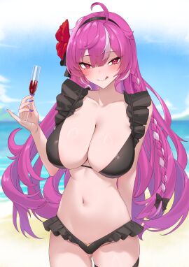 1girls absurd_res alternate_version_available beach big_breasts bikini black_bikini black_panties braided_hair breasts cleavage female female_only frills guardian_tales hairband hi_res karina_(guardian_tales) kuda_aer_(artist) long_hair magenta_eyes nail_polish purple_hair tagme thigh_gap tongue tongue_out wine_glass