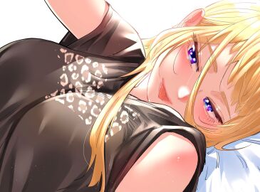 1girls black_shirt blonde_hair blue_eyes breasts dosanko_gal_wa_namara_menkoi female fuyuki_minami hair_behind_ear head_tilt highres ikada_kai large_breasts long_hair looking_at_viewer lying on_back pillow portrait shirt smile solo tongue tongue_out white_background
