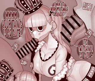 1boy 1girls bar_censor big_breasts big_penis blowjob blush_stickers breasts censored cleavage clothed_female clothes clothing collarbone crown ekz ekz_(robotekz) english_text erection exposed_torso eyelashes fellatio female giving_head large_breasts long_hair male midriff monochrome one_piece oral penis perona pink_hair red_theme sound_effects speech_bubble text tongue twintails